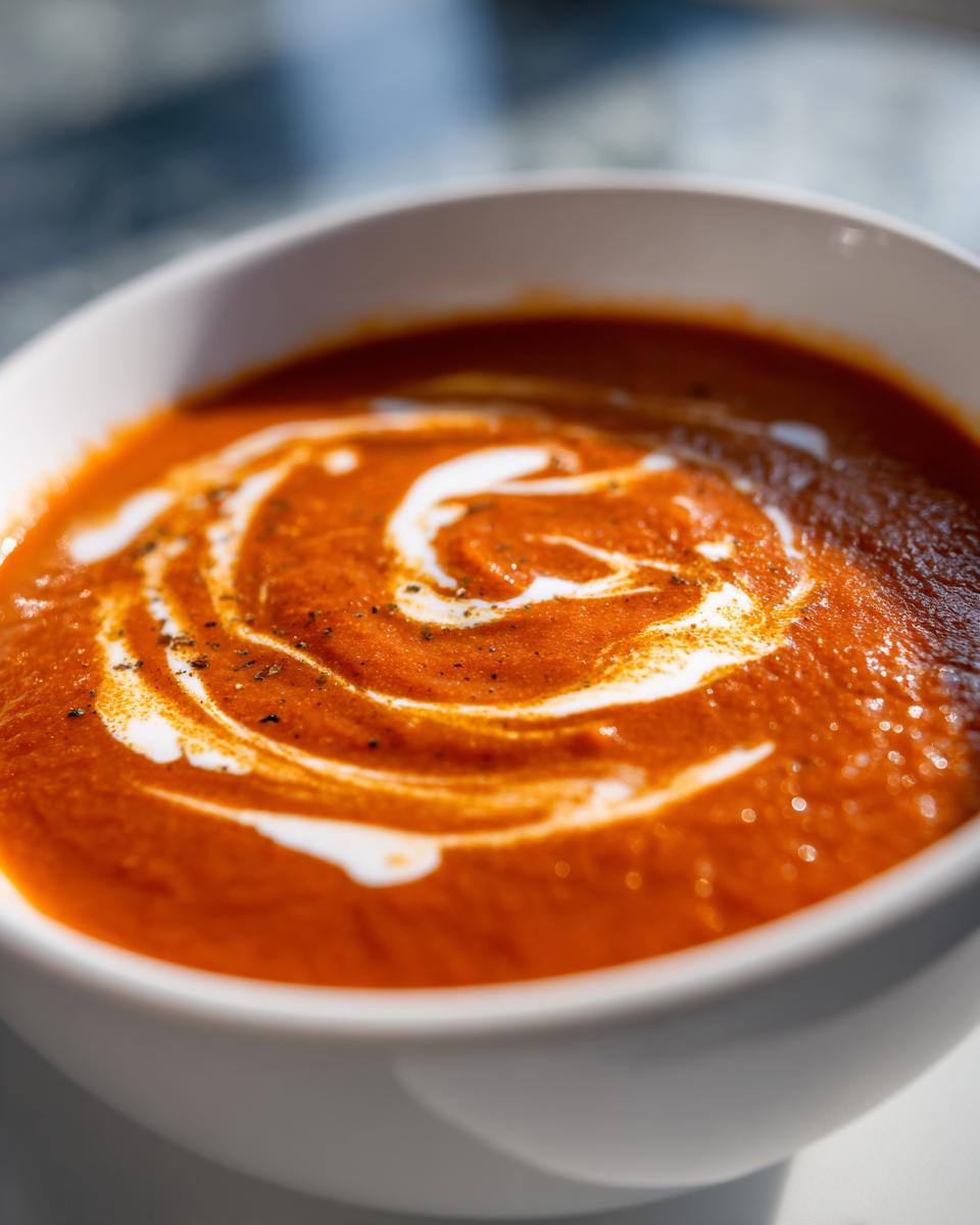 Close-up of vibrant orange Tomato Soup topped with a swirl of cream and cracked pepper.