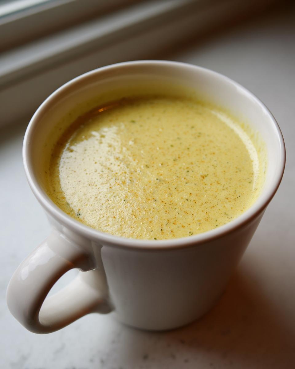 Close-up of a creamy, yellow Summer Corn And Zucchini Soup served hot in a white mug.