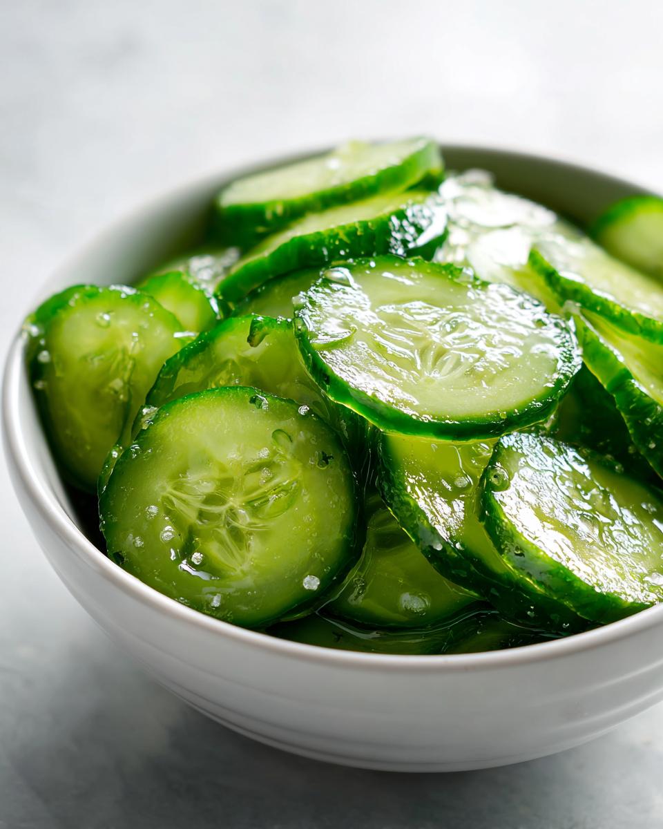 Close-up of thinly sliced cucumbers glistening with dressing and salt, ready for the Best Cucumber Salad.