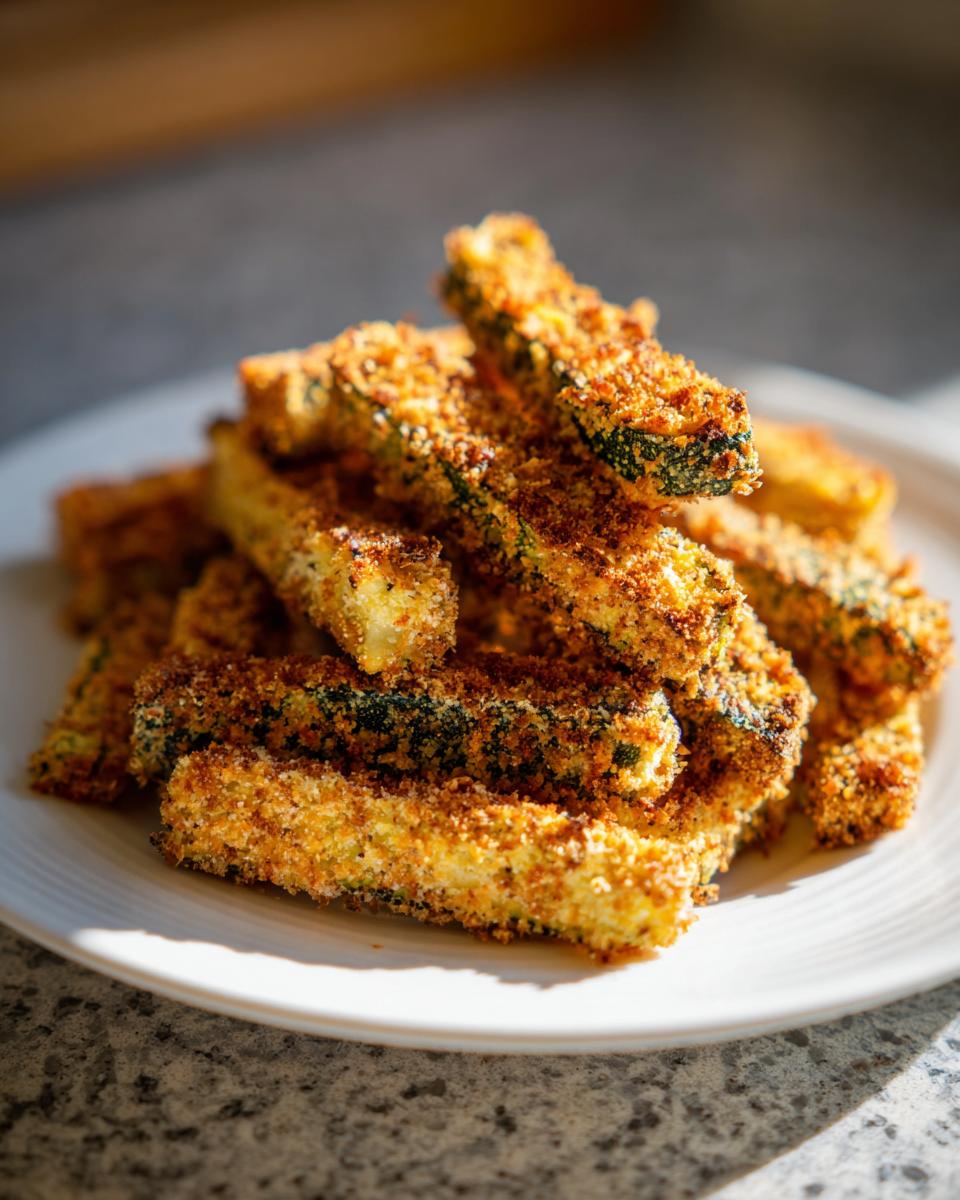 A close-up of a pile of golden brown, crispy Baked Zucchini Fries served on a white plate.