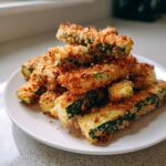 A close-up stack of golden brown, crispy Baked Zucchini Fries piled high on a white plate.