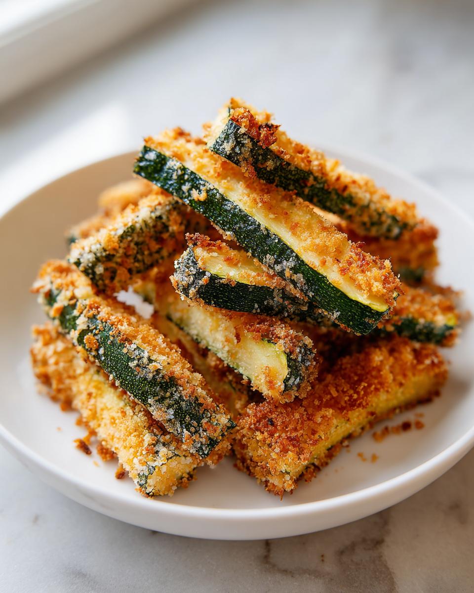 A close-up of a pile of golden brown, crispy Baked Zucchini Fries served on a small white dish.