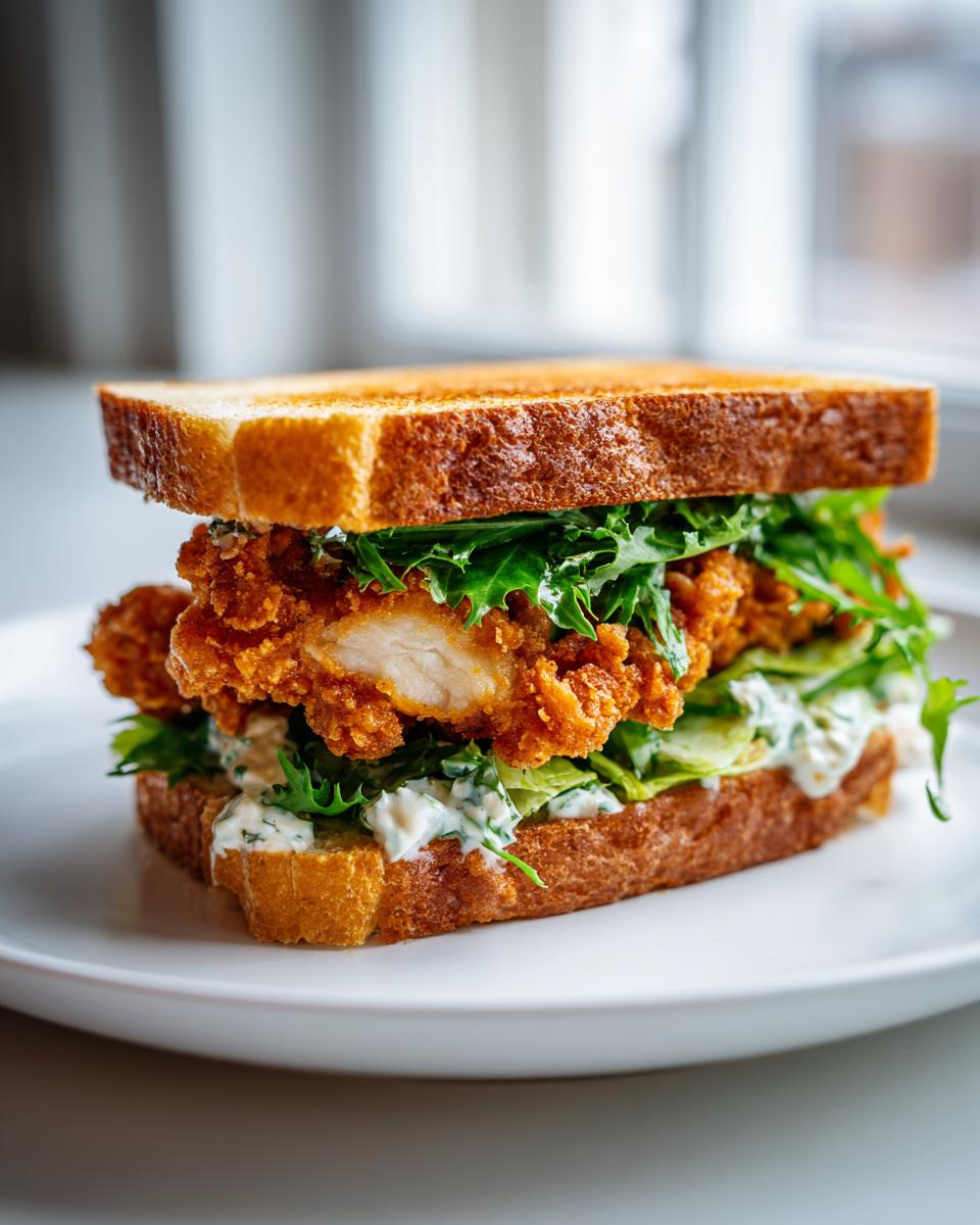 A tall, delicious Crispy Chicken Caesar Sandwich stacked high on toasted bread with creamy sauce and fresh greens.