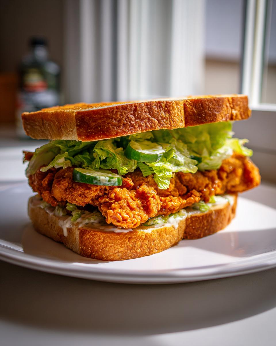 A tall Crispy Chicken Caesar Sandwich featuring a thick, golden-brown fried chicken fillet, lettuce, and cucumber slices on toasted bread.