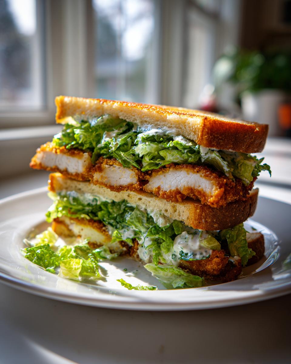A tall, stacked Crispy Chicken Caesar Sandwich featuring golden fried chicken cutlets, romaine lettuce, and creamy dressing on toasted bread.