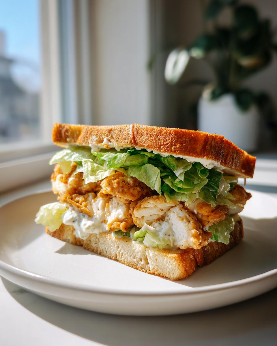 A tall Crispy Chicken Caesar Sandwich featuring fried chicken pieces, crisp lettuce, and creamy Caesar dressing on toasted bread.