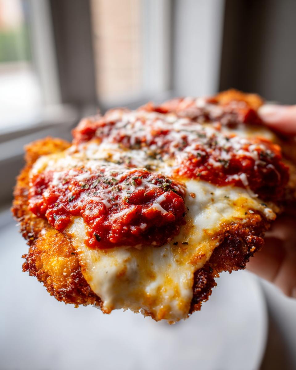 A close-up of a crispy, golden-brown Chicken Parmesan cutlet topped with melted mozzarella and rich tomato sauce.