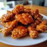 Close-up of crispy fried chicken pieces generously coated in a thick, glossy Orange Chicken sauce on a white plate.