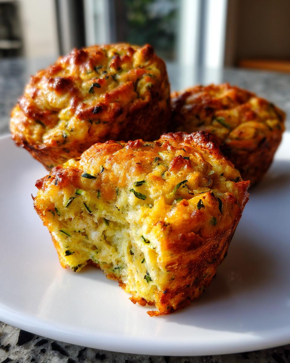 Three golden-brown Crispy Parmesan Zucchini Muffins on a white plate, one with a bite taken out showing the moist interior.