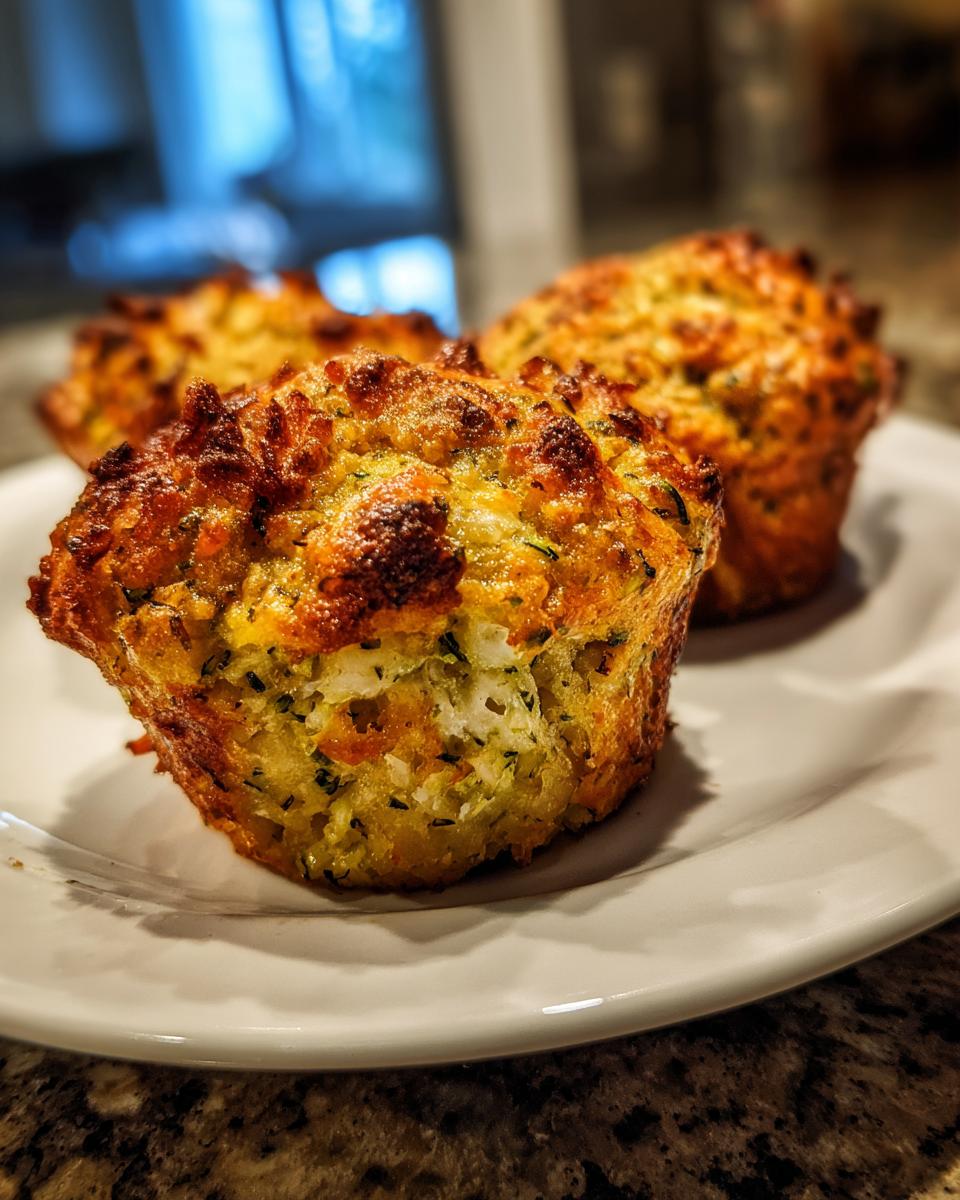 Three golden-brown Crispy Parmesan Zucchini Muffins with crispy tops resting on a white plate.