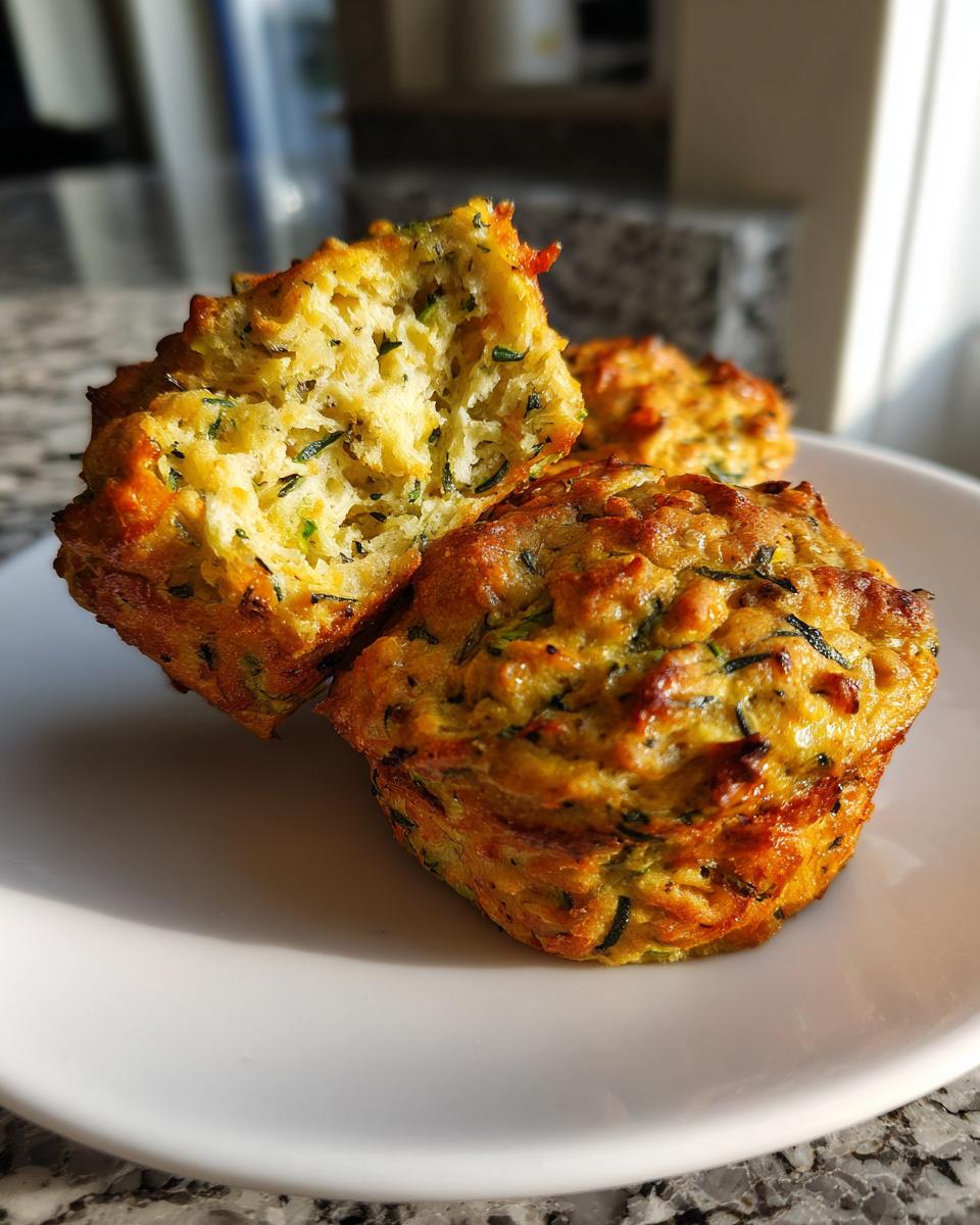 Close-up of two Crispy Parmesan Zucchini Muffins, one broken open to show the moist, cheesy interior with visible zucchini shreds.