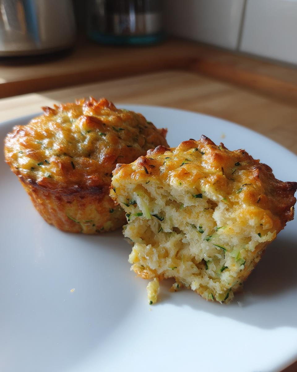 Two golden-brown Crispy Parmesan Zucchini Muffins on a white plate, one broken open showing the moist interior with shredded zucchini.