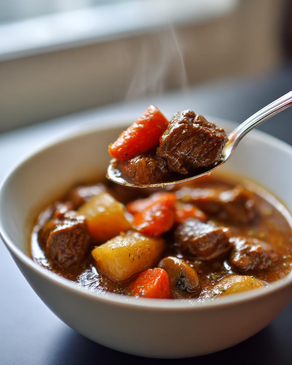 A spoonful of hot Crockpot Beef Stew, featuring tender beef chunks and carrots, lifted from a white bowl.