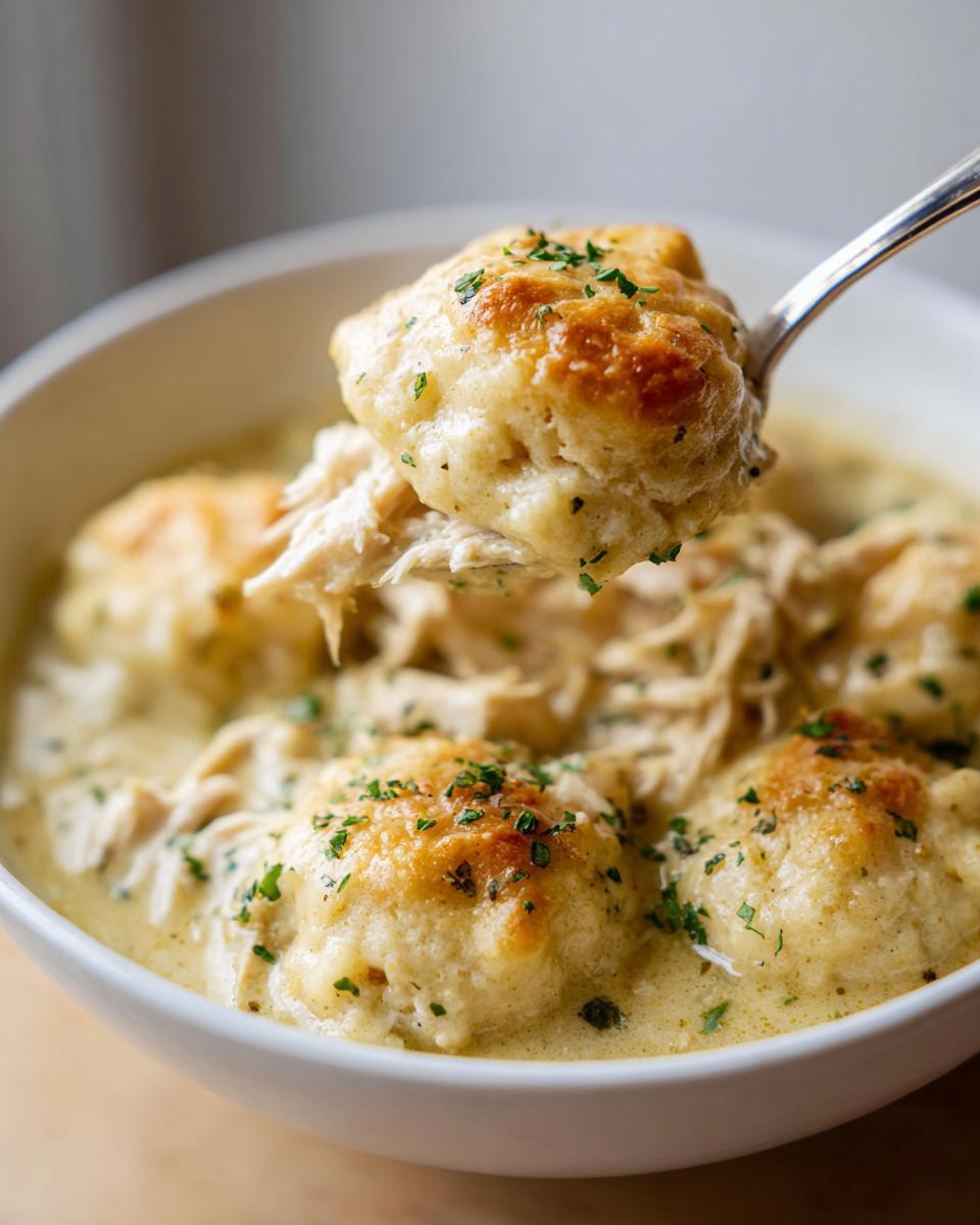 A spoonful of fluffy, golden-brown dumpling being lifted from a bowl of creamy Crockpot Chicken And Dumplings.