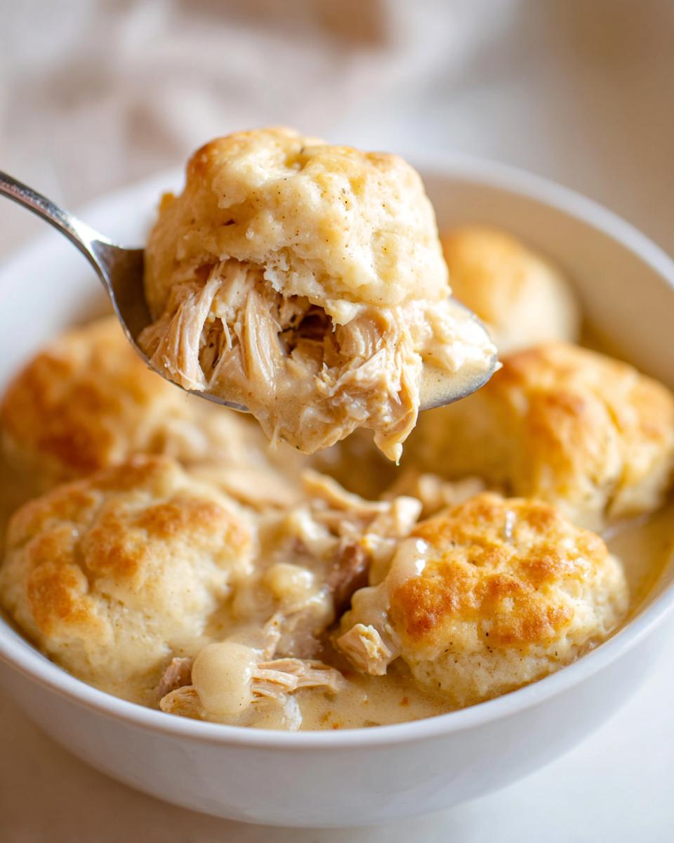 A spoonful of creamy Crockpot Chicken And Dumplings, showing shredded chicken and a fluffy biscuit.