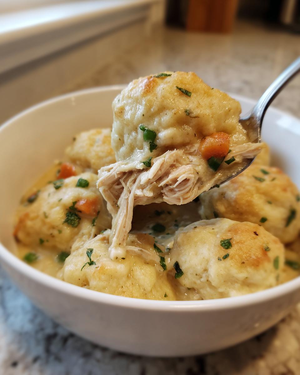 A spoonful lifts tender, shredded chicken and a fluffy dumpling from a bowl of creamy Crockpot Chicken And Dumplings.
