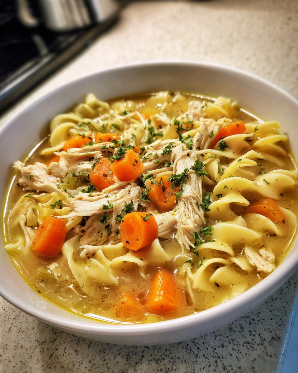 Close-up of a white bowl filled with savory Crockpot Chicken Noodle Soup, featuring shredded chicken, egg noodles, and carrots.