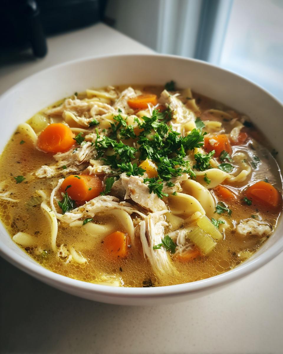 Close-up of a white bowl filled with rich Crockpot Chicken Noodle Soup, featuring shredded chicken, egg noodles, carrots, and parsley.