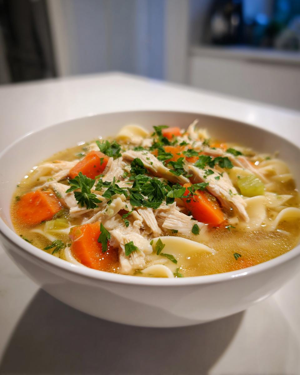 Close-up of a white bowl filled with hearty Crockpot Chicken Noodle Soup, topped with shredded chicken, carrots, and parsley.