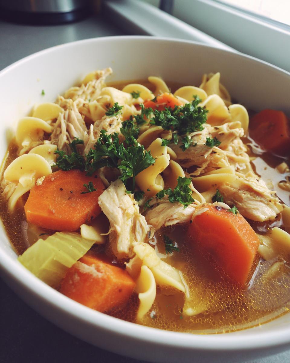 Close-up of a white bowl filled with Crockpot Chicken Noodle Soup, featuring shredded chicken, wide egg noodles, carrots, and parsley.