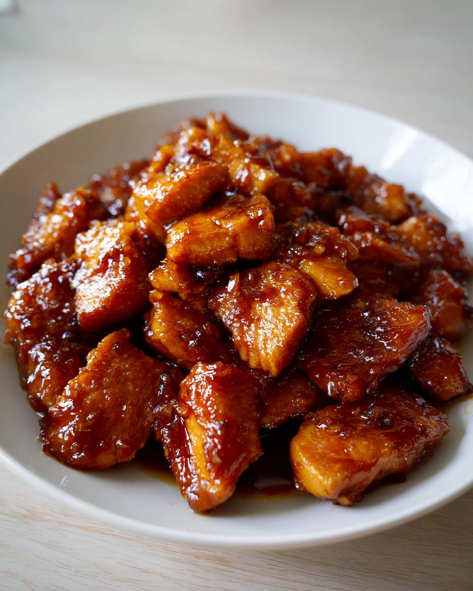 Close-up of tender pieces of Crockpot Honey Garlic Chicken coated in a thick, shiny, dark amber glaze.