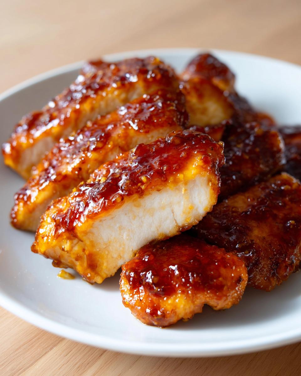 Close-up of sliced, juicy Crockpot Honey Garlic Chicken pieces covered in a thick, shiny honey garlic glaze.