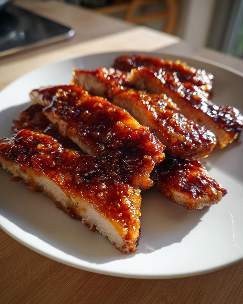 Slices of juicy Crockpot Honey Garlic Chicken coated in a thick, shiny honey garlic glaze on a white plate.