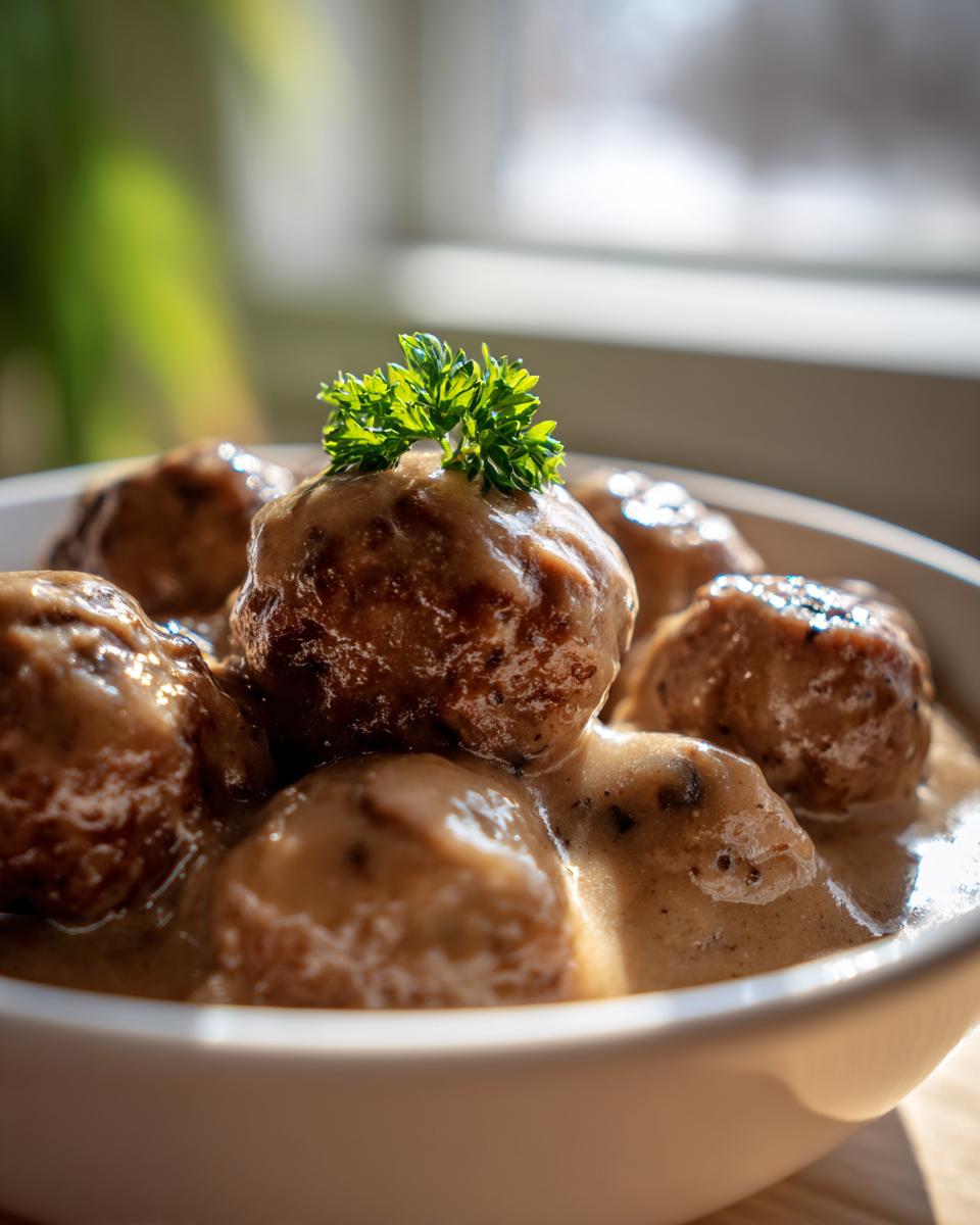 Close-up of savory Crockpot Meatballs coated in a creamy brown sauce and garnished with parsley.
