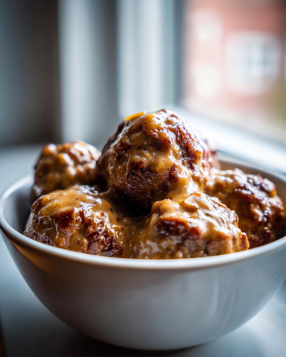 Close-up of several rich, brown Crockpot Meatballs smothered in a creamy, savory sauce inside a white bowl.