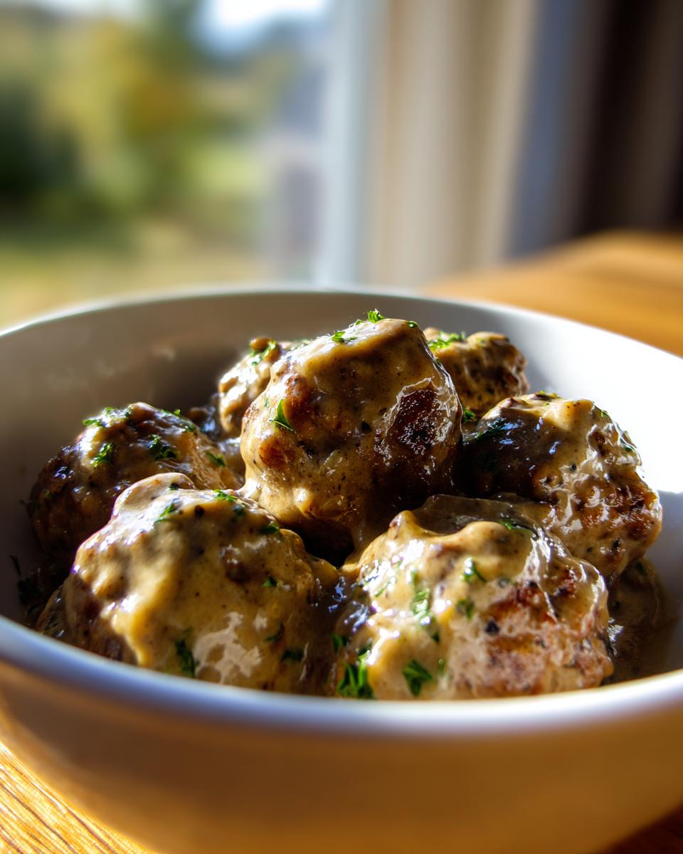 Close-up of savory Crockpot Meatballs smothered in a rich, creamy brown gravy and garnished with parsley.