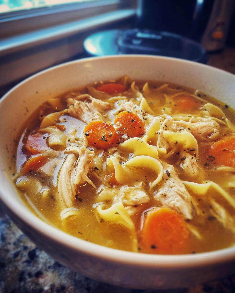 Close-up of a bowl of rich chicken noodle Crockpot Soup with shredded chicken, egg noodles, and sliced carrots.