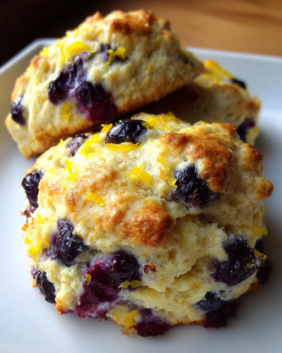 Close-up of two freshly baked Delicious Lemon Blueberry Scones topped with bright yellow lemon zest and bursting blueberries.