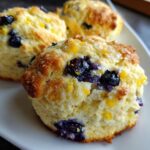 Close-up of a freshly baked Delicious Lemon Blueberry Scones, studded with bright blueberries and lemon zest.