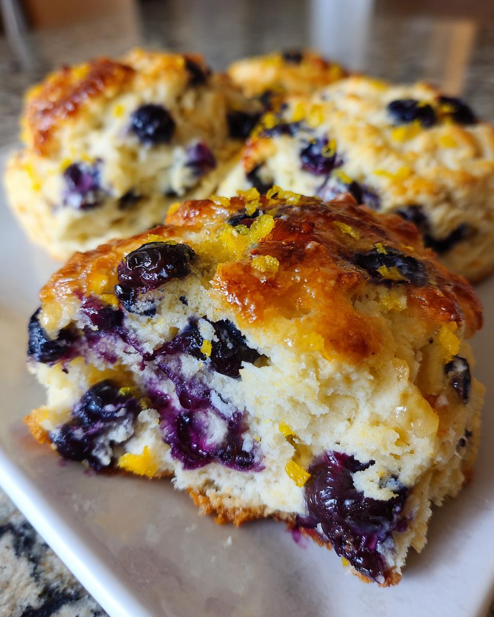 Close-up of a Delicious Lemon Blueberry Scones cut in half, showing juicy blueberries and lemon zest.