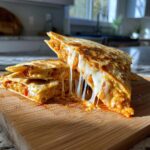 Close-up of Easy Cheesy Pizza Pockets cut into wedges with extreme cheese pull.