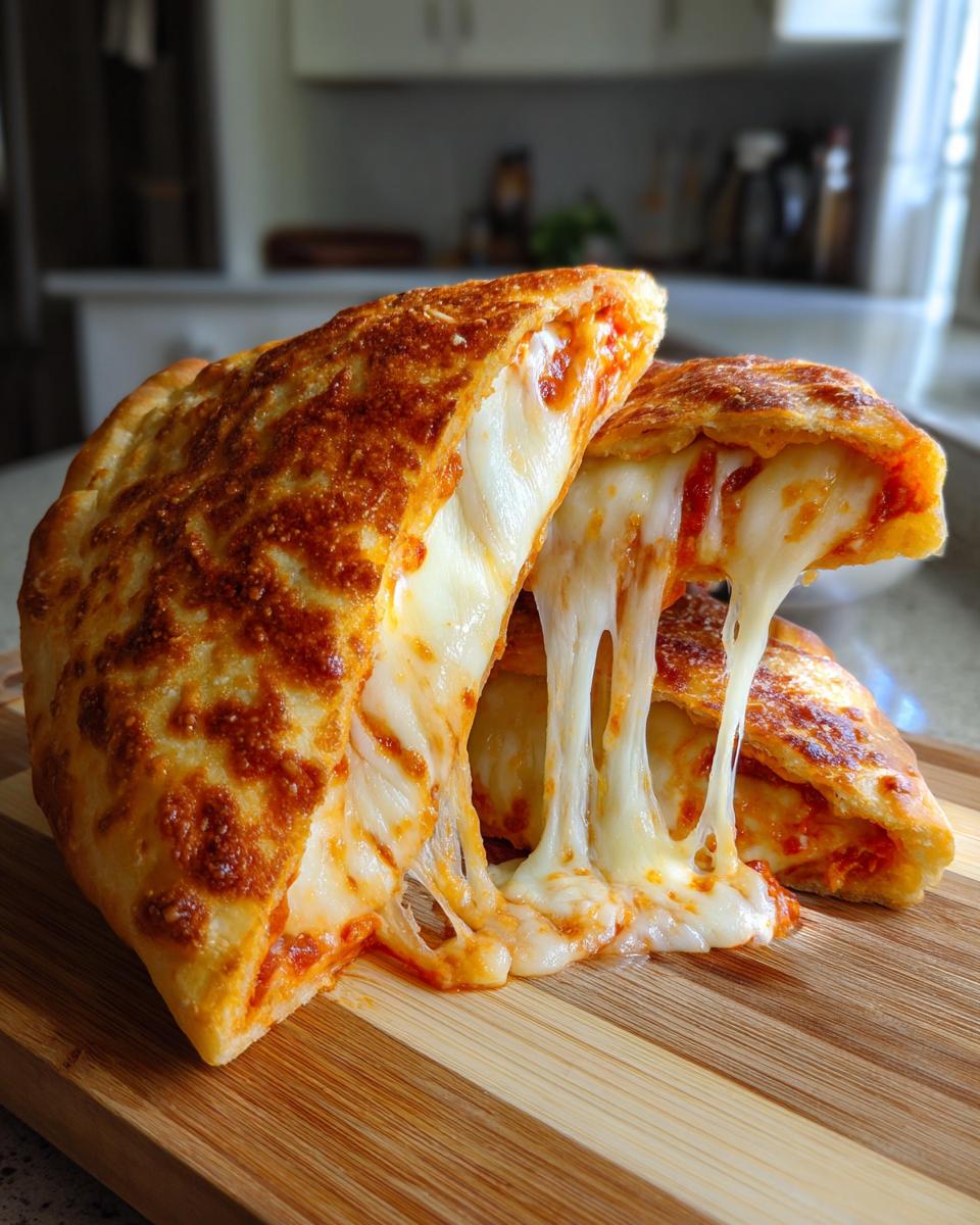 Two halves of Easy Cheesy Pizza Pockets pulled apart revealing an incredible, stretchy mozzarella cheese pull.