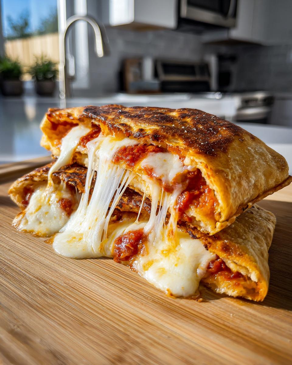 Two halves of Easy Cheesy Pizza Pockets stacked, showing extreme cheese pull with melted mozzarella and tomato sauce.