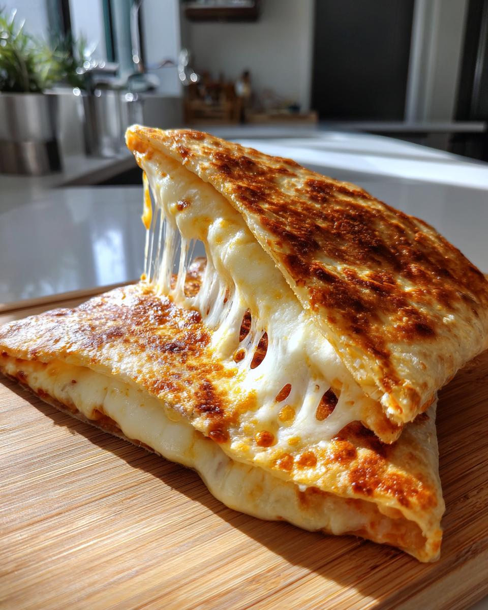 Two halves of a golden-brown Easy Cheesy Pizza Pockets pulled apart showing extreme, gooey cheese stretch.