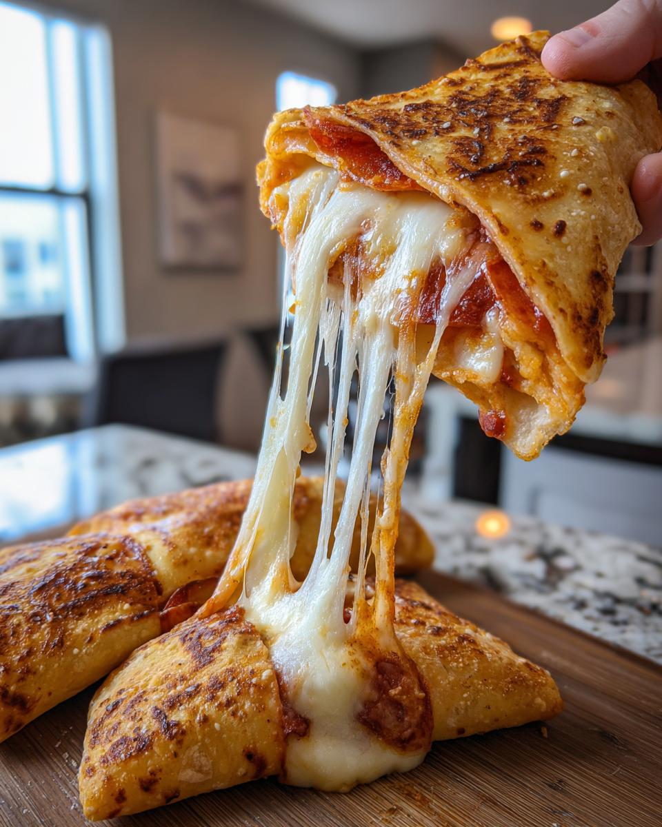 A hand pulling apart an Easy Cheesy Pizza Pocket, showing extreme, long strings of melted mozzarella cheese.