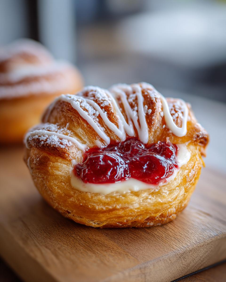 Close-up of a flaky pastry, an Easy Cherry Cheese Danish, topped with cream cheese filling, cherry preserves, and white icing.