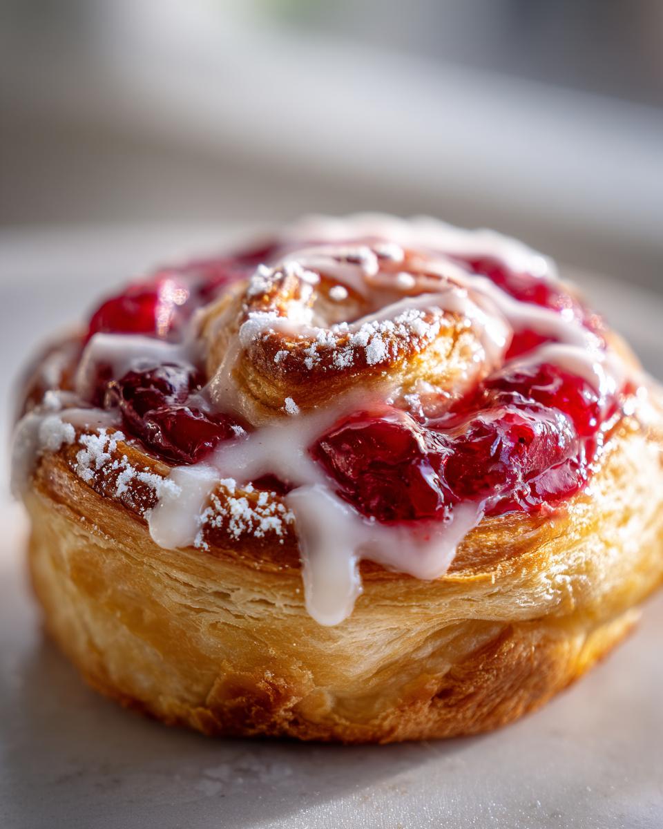 Close-up of a golden, flaky Easy Cherry Cheese Danish topped with bright red cherry filling, white icing drizzle, and powdered sugar.