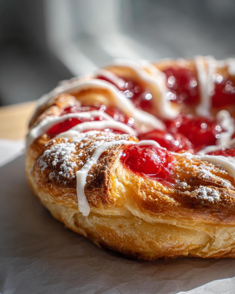 Close-up of a golden-brown Easy Cherry Cheese Danish topped with bright red cherry filling, white icing drizzle, and powdered sugar.