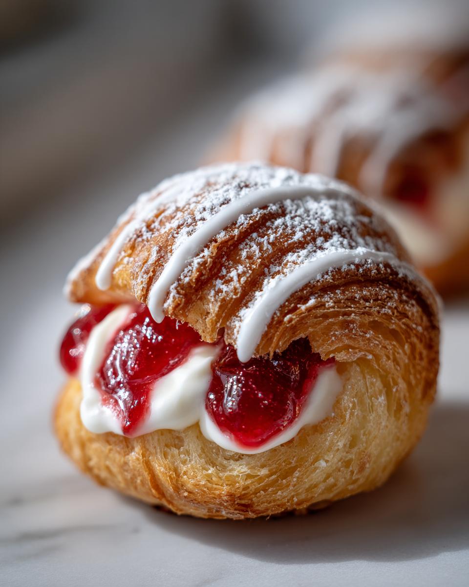 Close-up of an Easy Cherry Cheese Danish made with flaky pastry, filled with cream cheese and cherry filling, drizzled with icing.