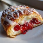 A cross-section of an Easy Cherry Cheese Danish showing flaky pastry, cream cheese filling, and bright red cherry filling.