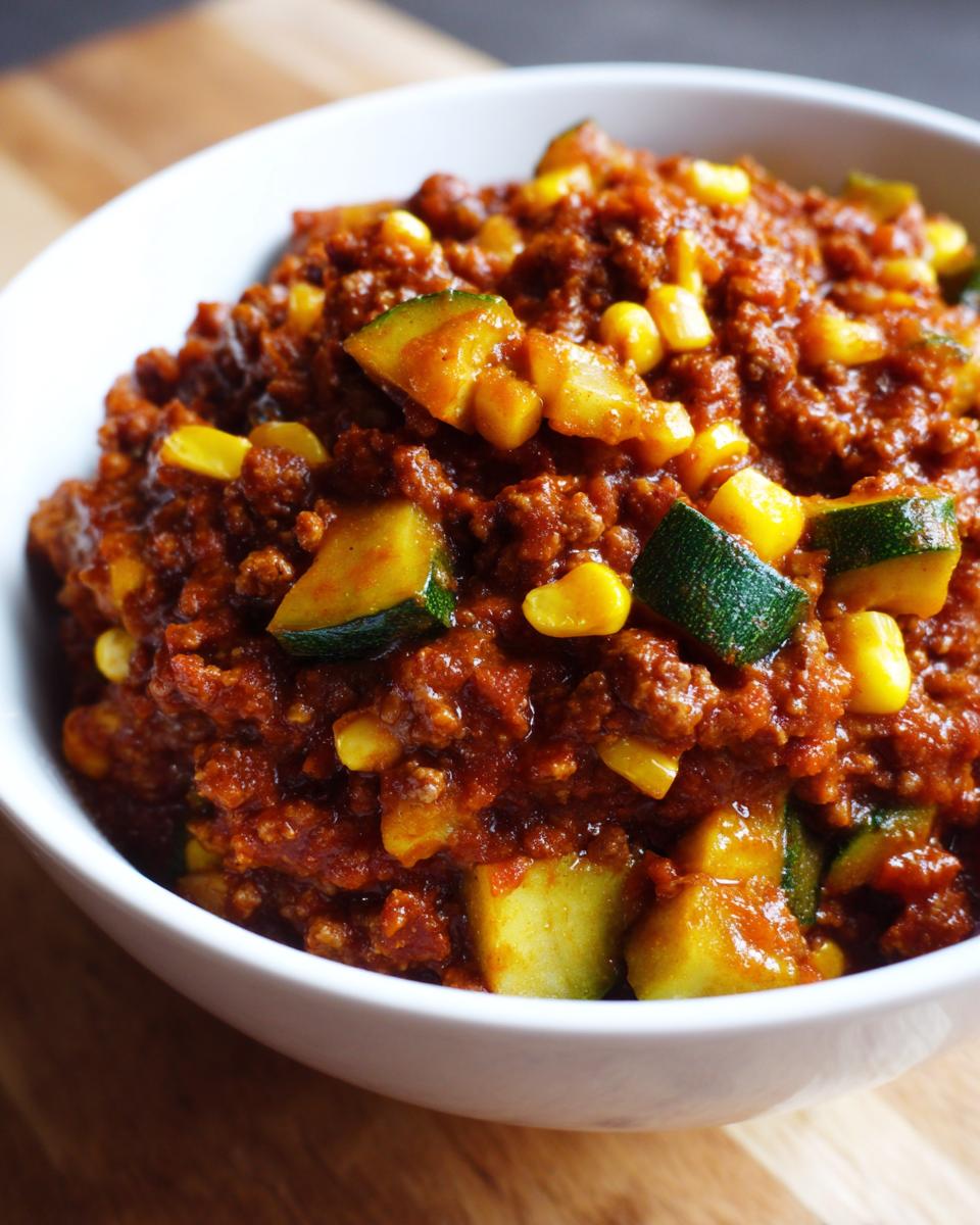 A close-up of a white bowl filled with rich, red Easy Chili With Corn And Zucchini.