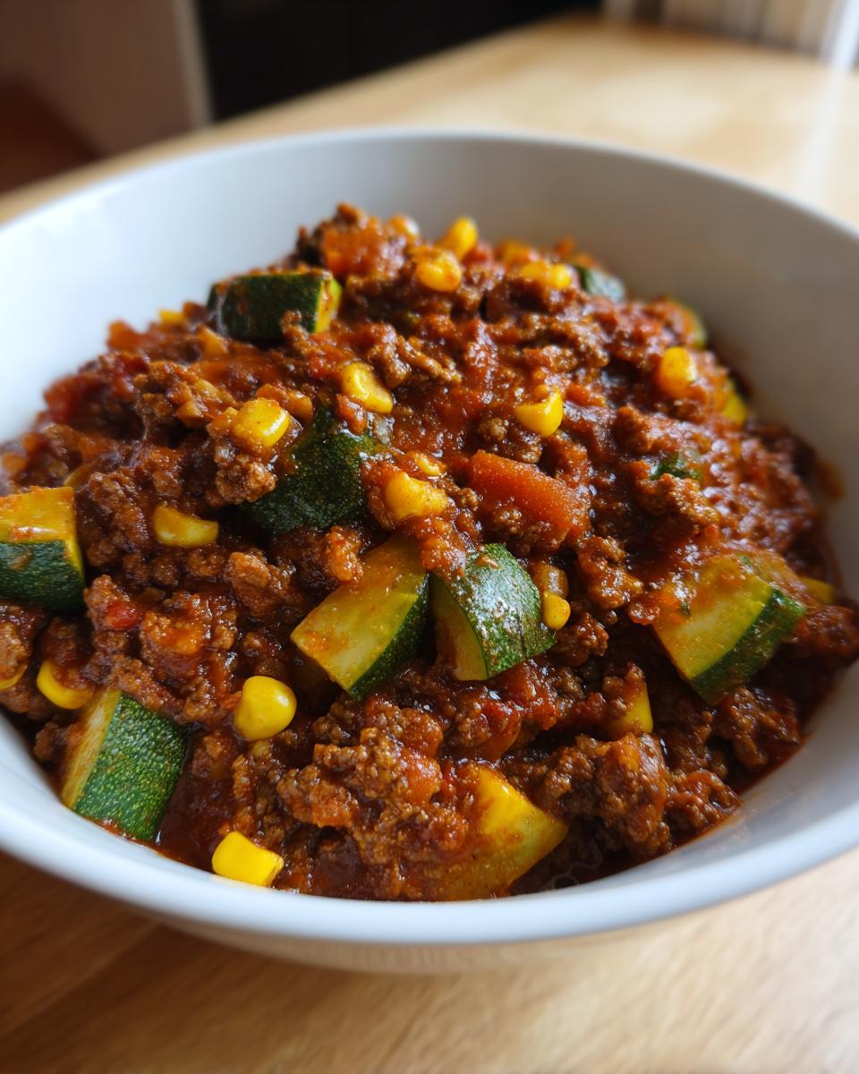 A close-up view of a hearty bowl of Easy Chili With Corn And Zucchini, featuring ground meat, chunks of green zucchini, and yellow corn kernels.
