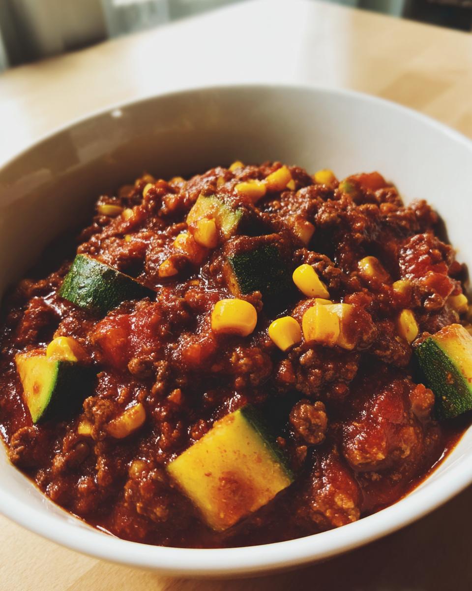 Close-up of a white bowl filled with Easy Chili With Corn And Zucchini, featuring ground meat, tomato sauce, corn kernels, and chunks of zucchini.
