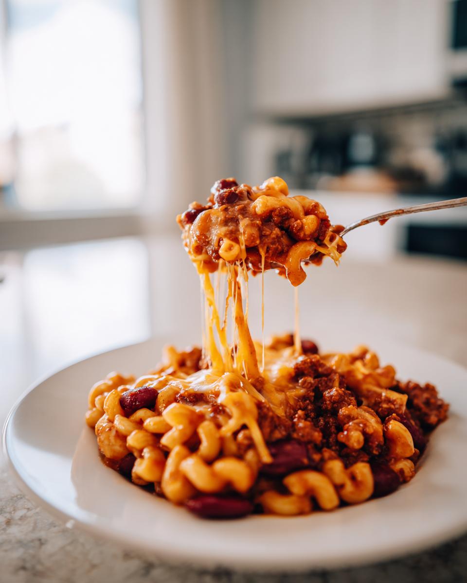A spoonful of Easy One Pot Chili Macaroni lifts away, showing long, melted cheese strings stretching back to the main serving on a white plate.