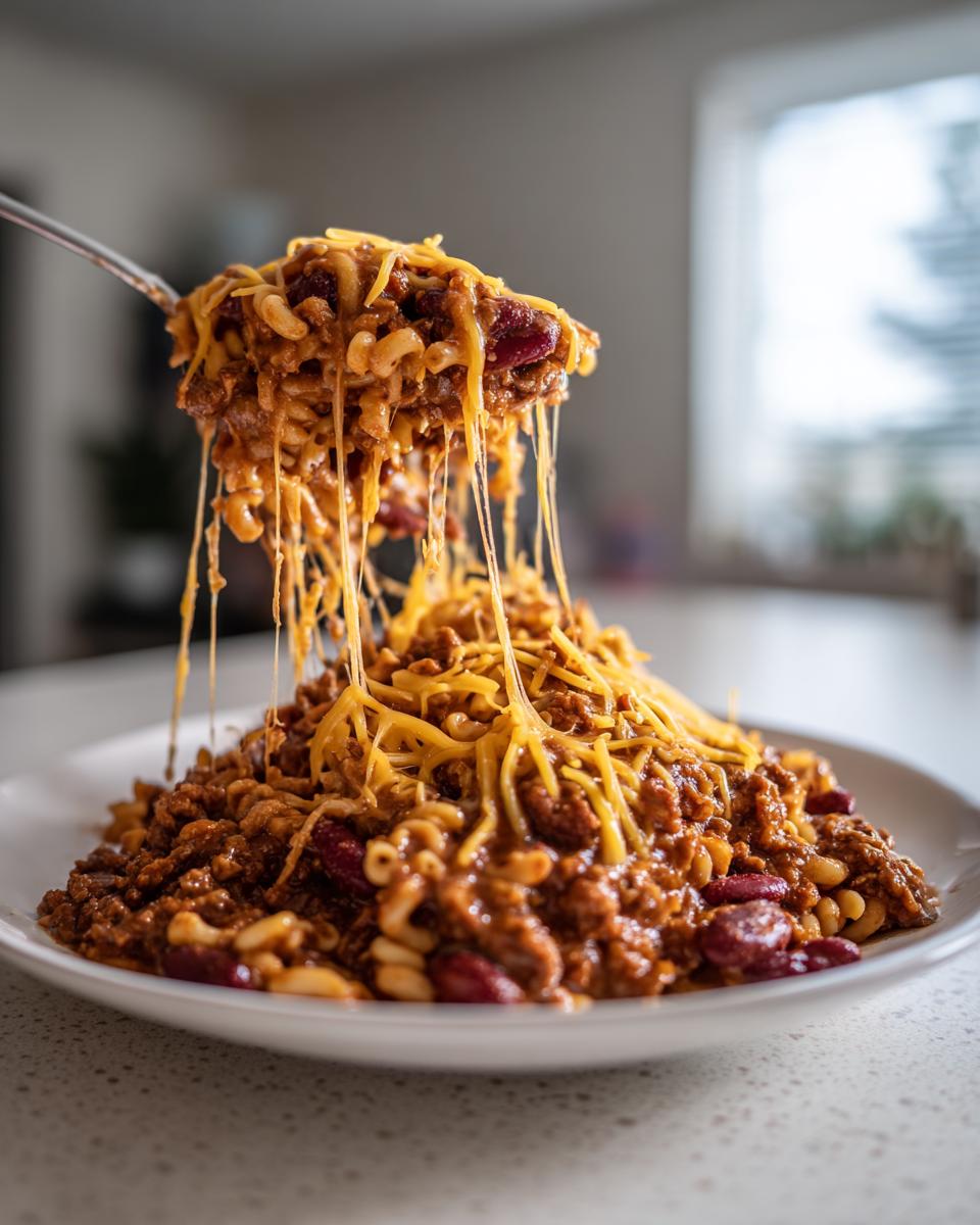 A spoonful of Easy One Pot Chili Macaroni being lifted, showing long, stretchy cheese pulls over the main serving.