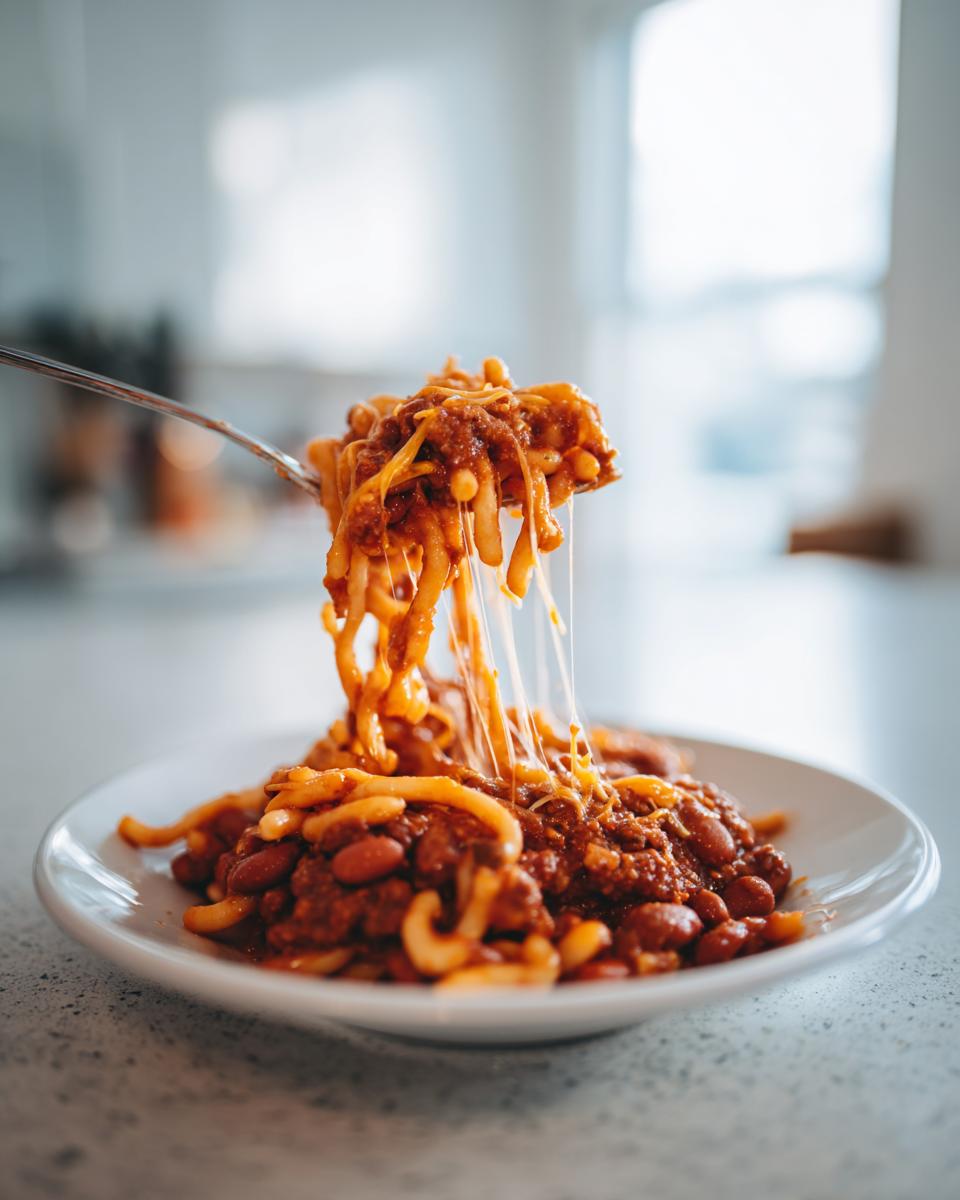 A fork lifting a cheesy, saucy portion of Easy One Pot Chili Macaroni from a white plate.